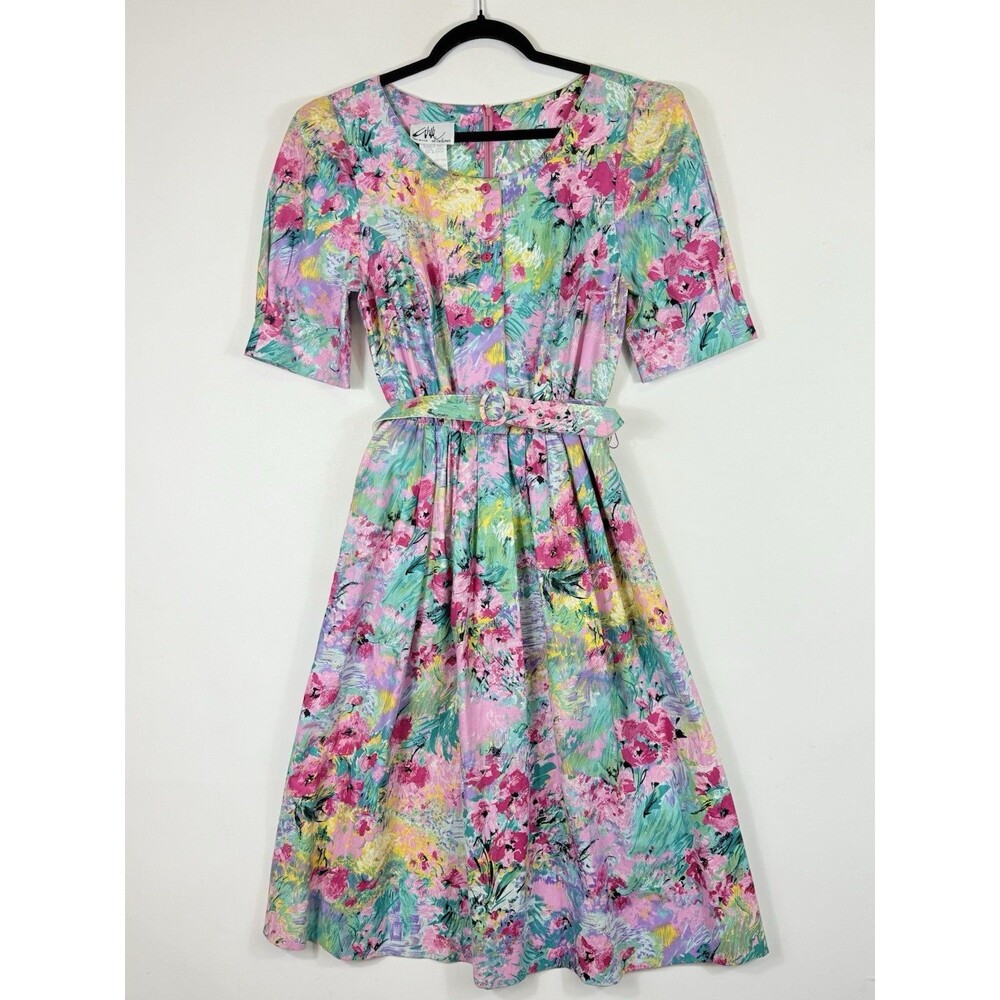 Willi of California Vtg Floral Midi Dress Womens 8 Pink Pastel Romantic Modest‎